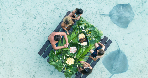 Aerial shot of family eating dinner on table full of plants in middle of ocean surrounded by two sting rays