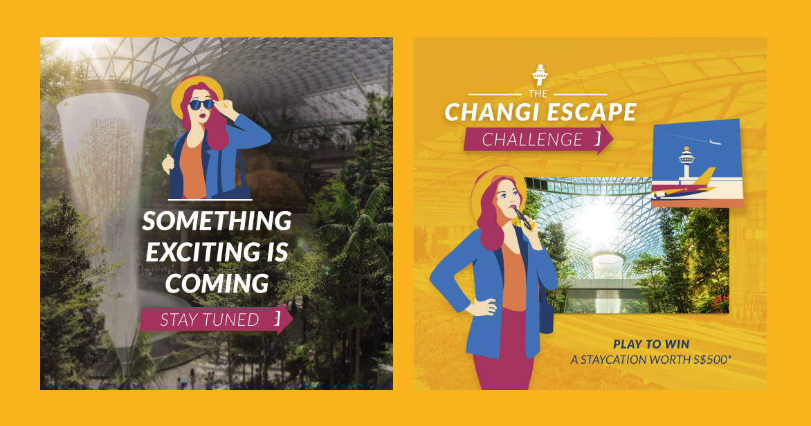 Orange background image with two images of HSBC Rain Vortex at Changi Airport with Changi Escape Challenge graphic overlay
