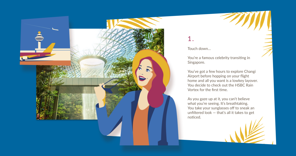 Graphic of illustrated woman on top of photograph of HSBC Rain Vortex at Changi Airport with text