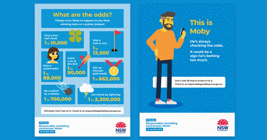 Blue background with large infographic regarding gambling odds and campaign poster