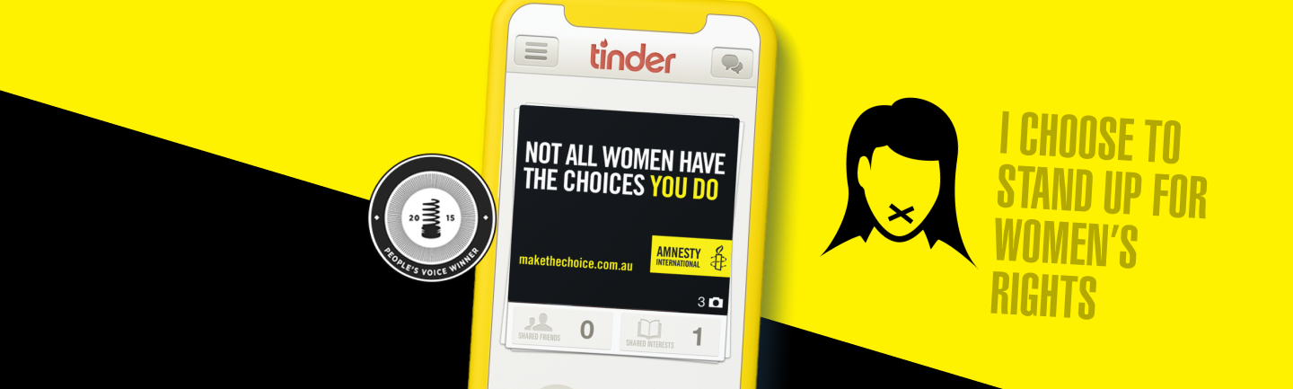 Black and yellow background with graphic of phone with Tinder app open