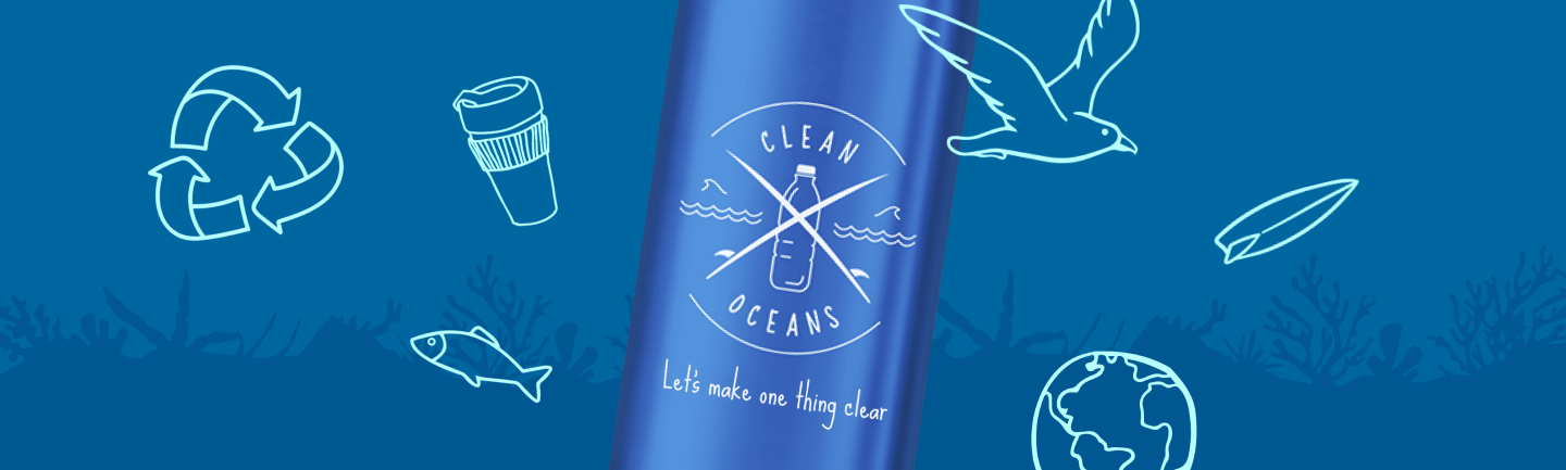 Blue background with close up of bottle with Clean Oceans logo