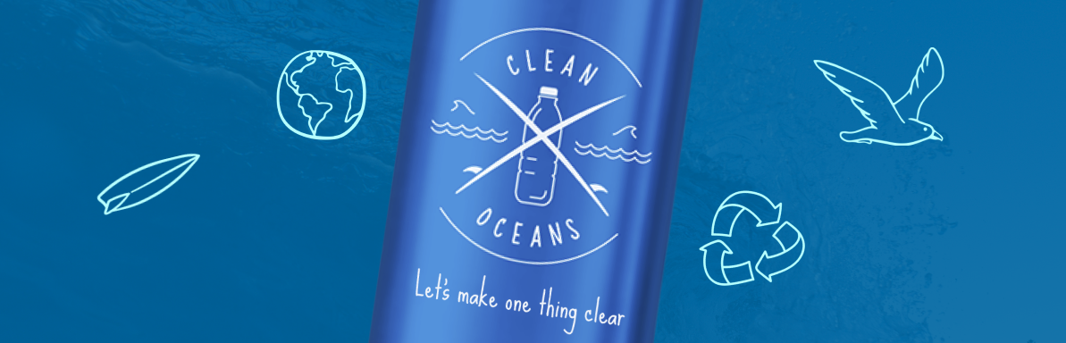 Blue background with close up of bottle with Clean Oceans logo