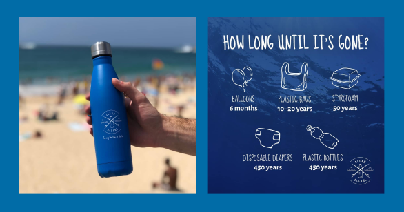 Person holding Clean Oceans bottle with beach as background, next to photo an infographic