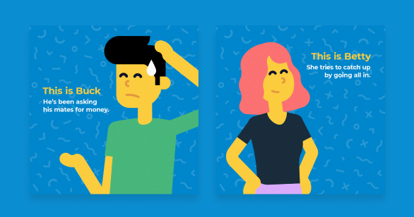 Blue background with two yellow illustrated people called Buck and Betty