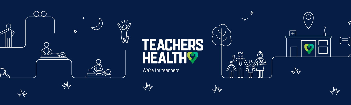 Dark blue background with white thin lined graphics and Teacher Health logo in the middle