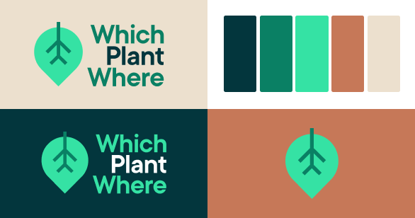 Two variations of Which Plant Where logo and colour brand guidelines