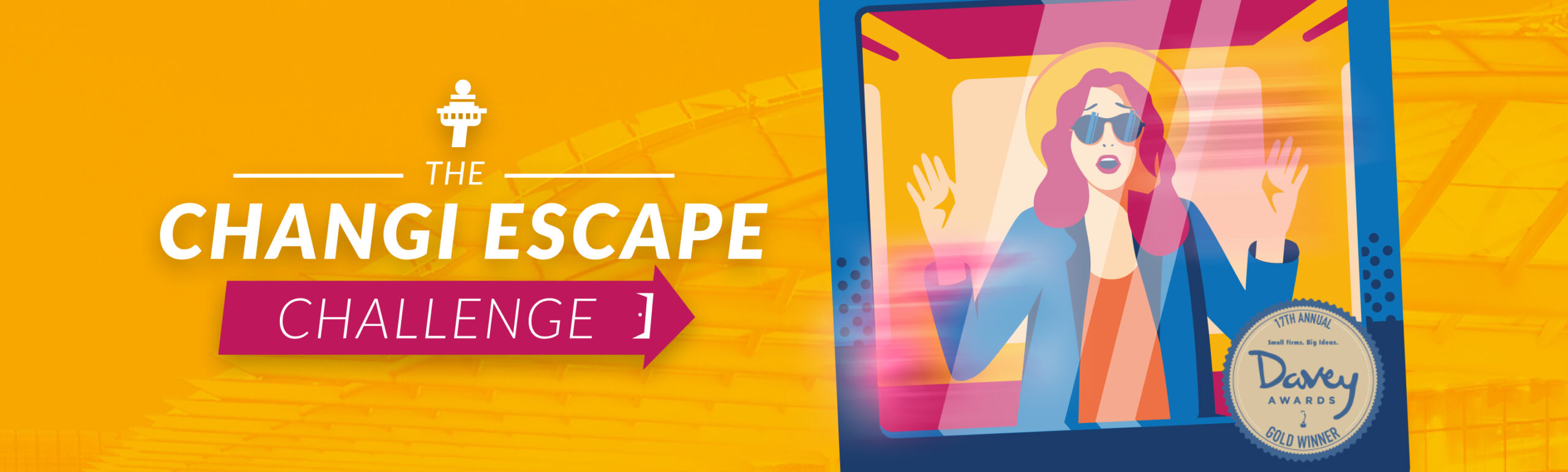 Orange background with The Changi Escape Challenge logo on the left and woman with pink hair in a box on right