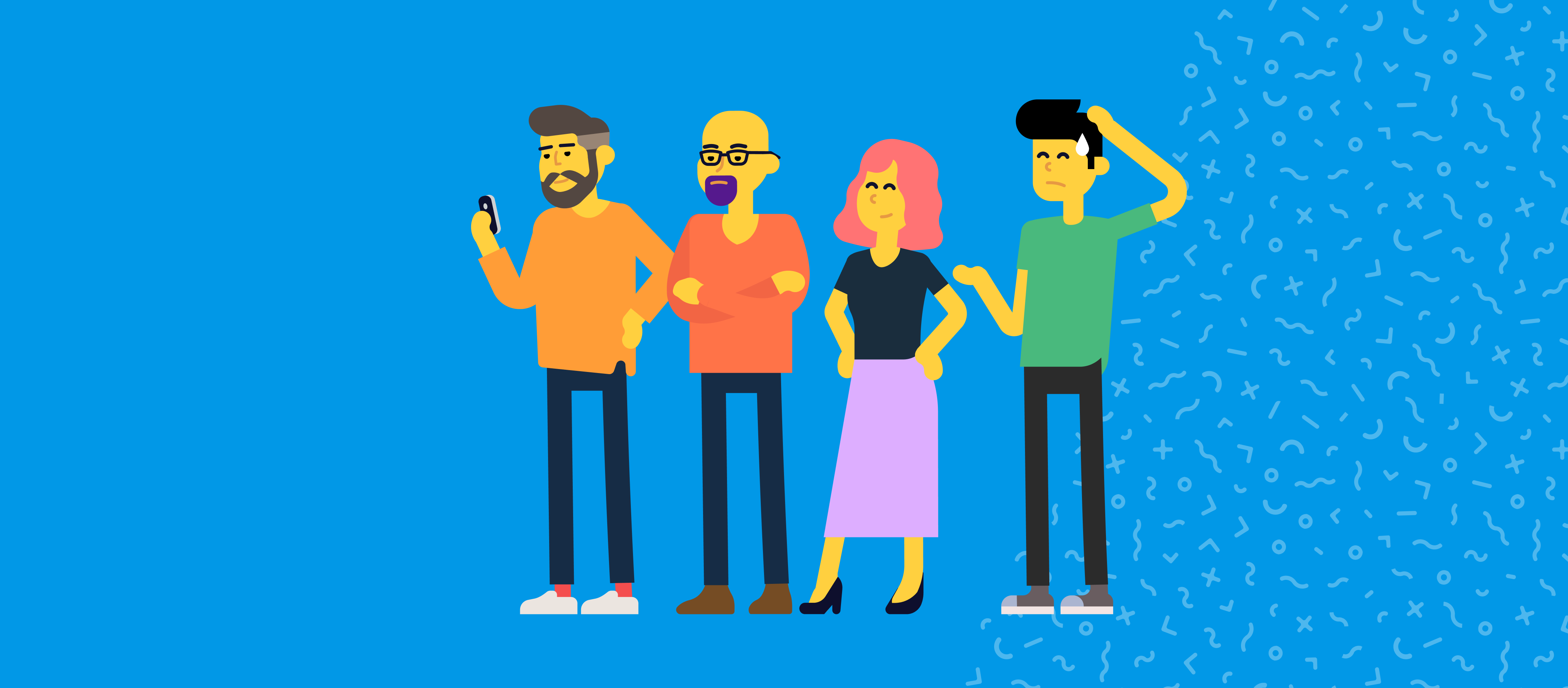 Blue background with 4 yellow illustrated people